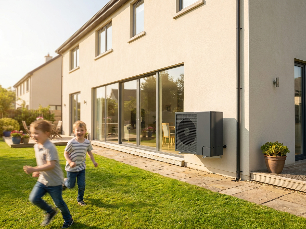 Heat pump servicing technician checking outdoor unit